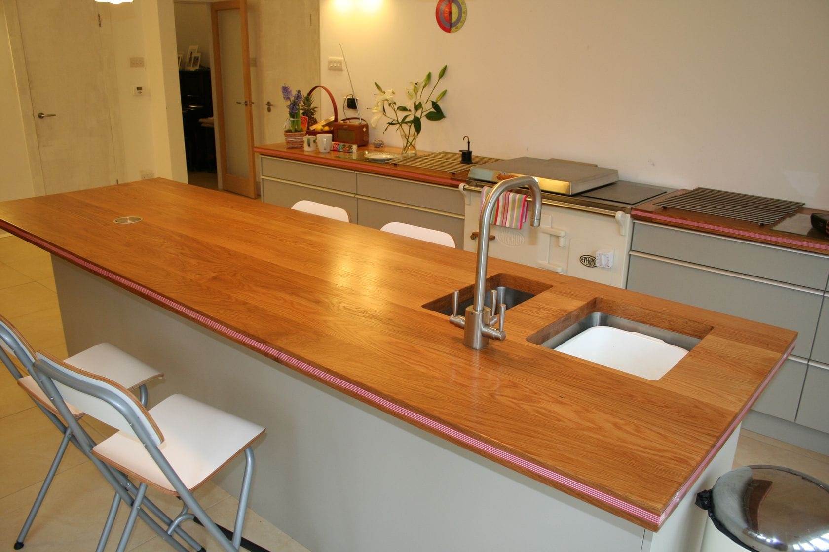 oak single stave worktop with undermount sink cut out