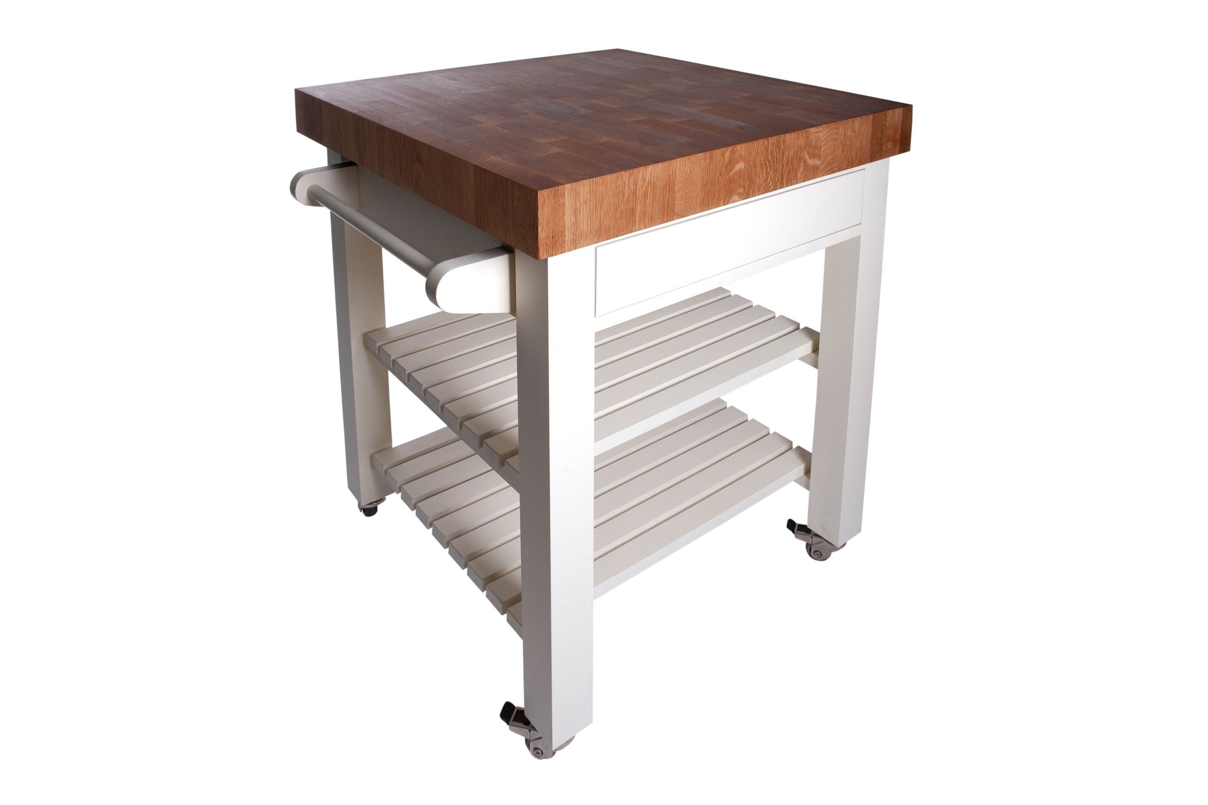 White butcher's block trolley with end-grain oak top, slatted shelves and castors