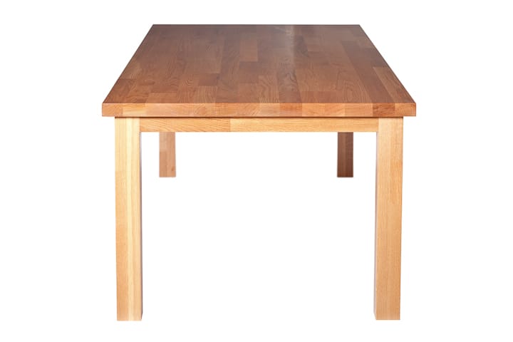 Solid oak rectangular dining table with square legs on a white background