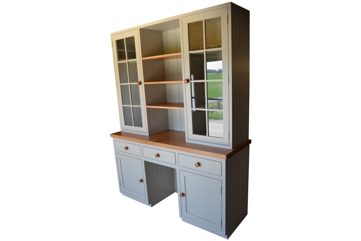 Grey painted kitchen dresser with glazed doors, oak shelves and oak worktop