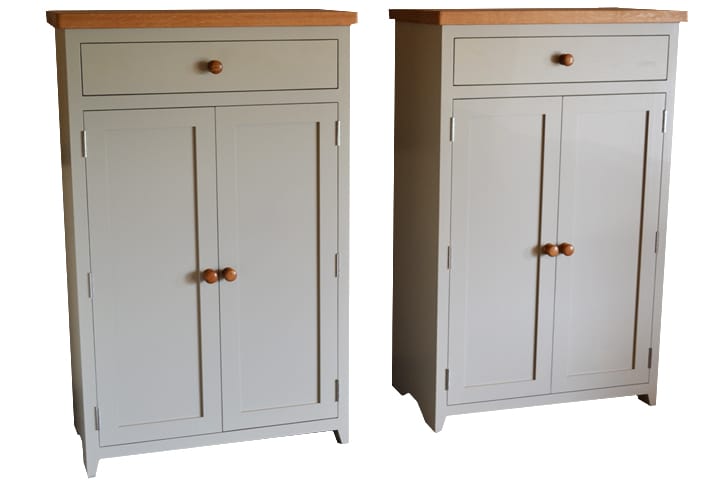 Pair of grey painted cupboards with oak tops, drawers and oak knobs