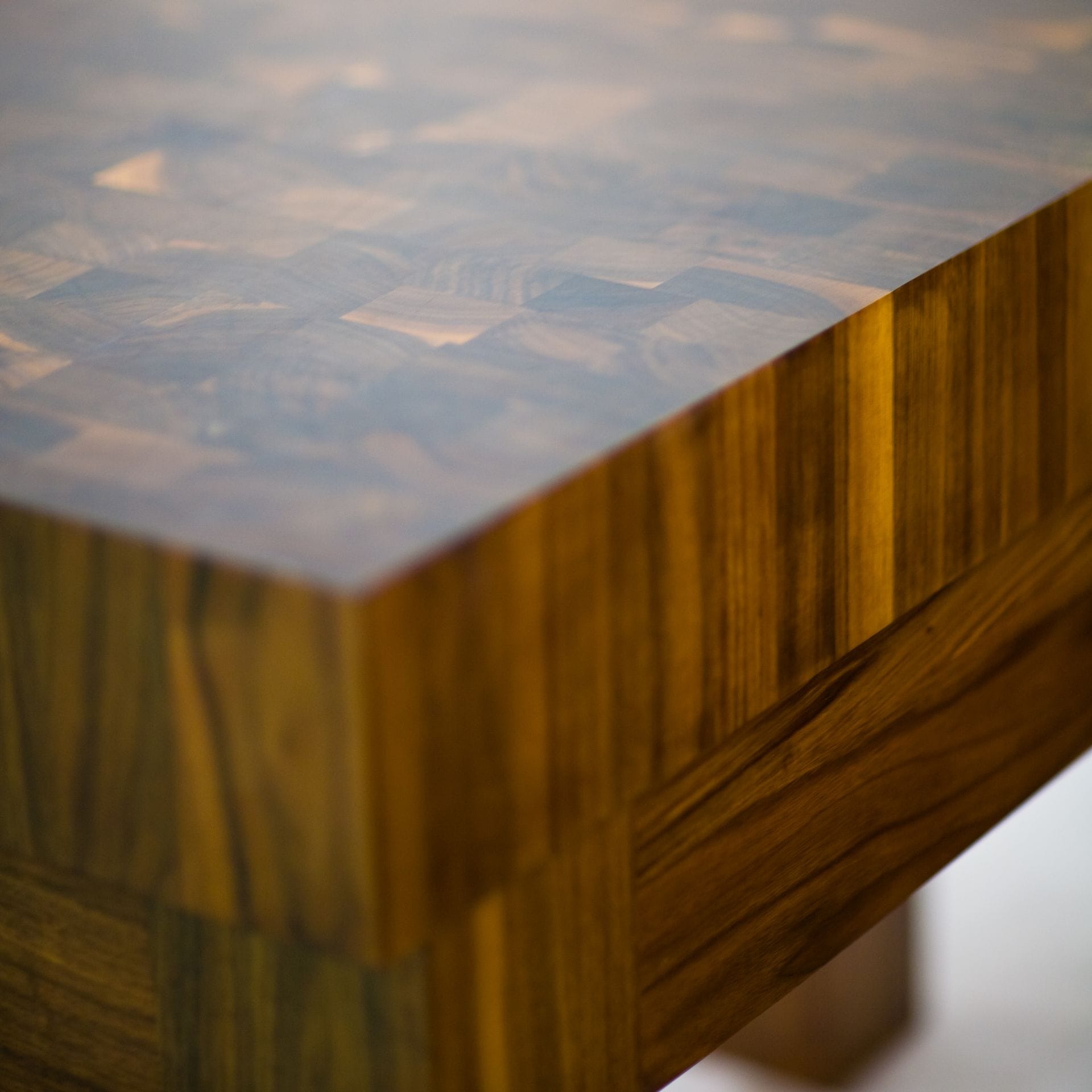 Corner detail of a walnut end grain butcher's block table