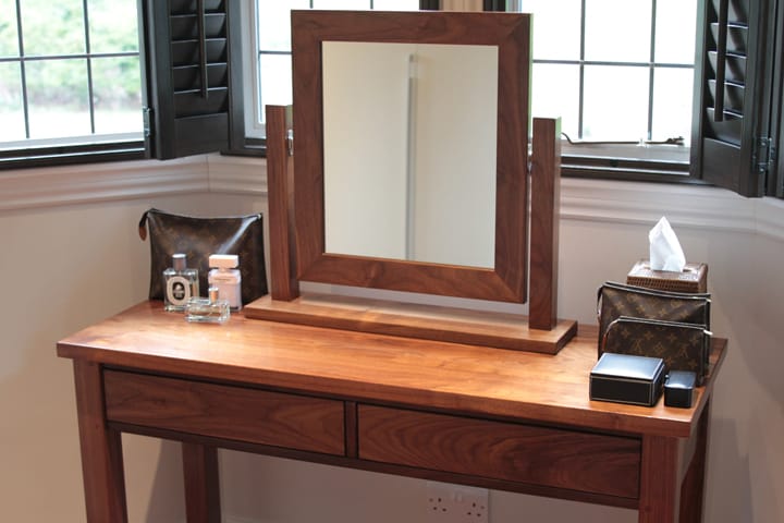 Walnut dressing table with two drawers and matching tilting vanity mirror