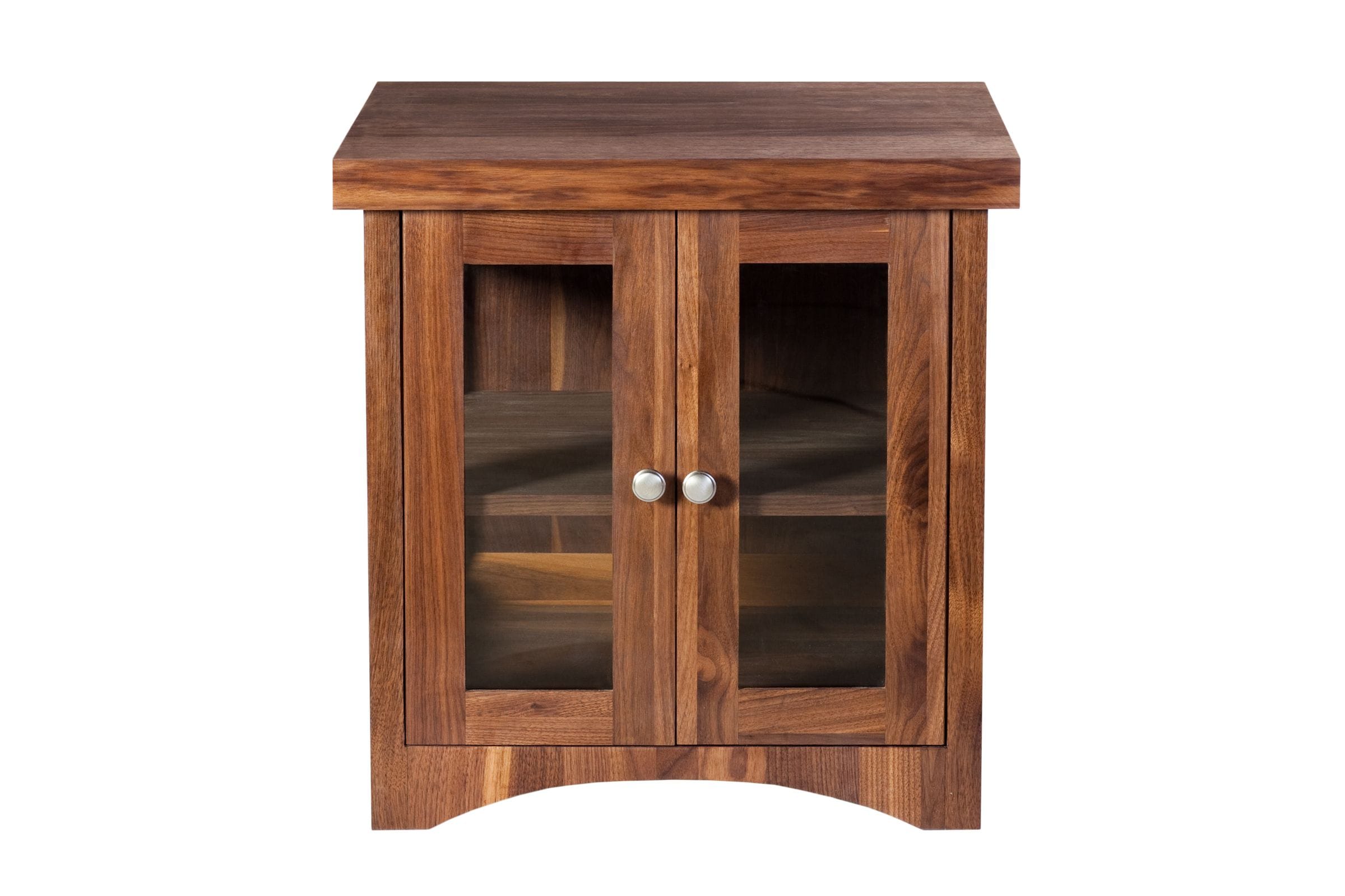 Walnut cabinet with twin glazed doors and brushed-steel knobs on a white background