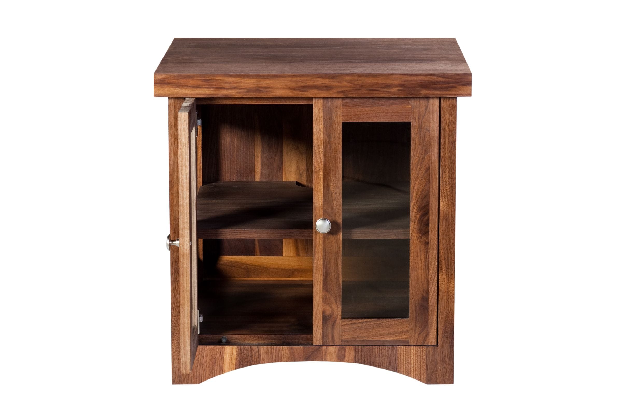 Walnut cabinet with one glazed door open revealing an internal shelf