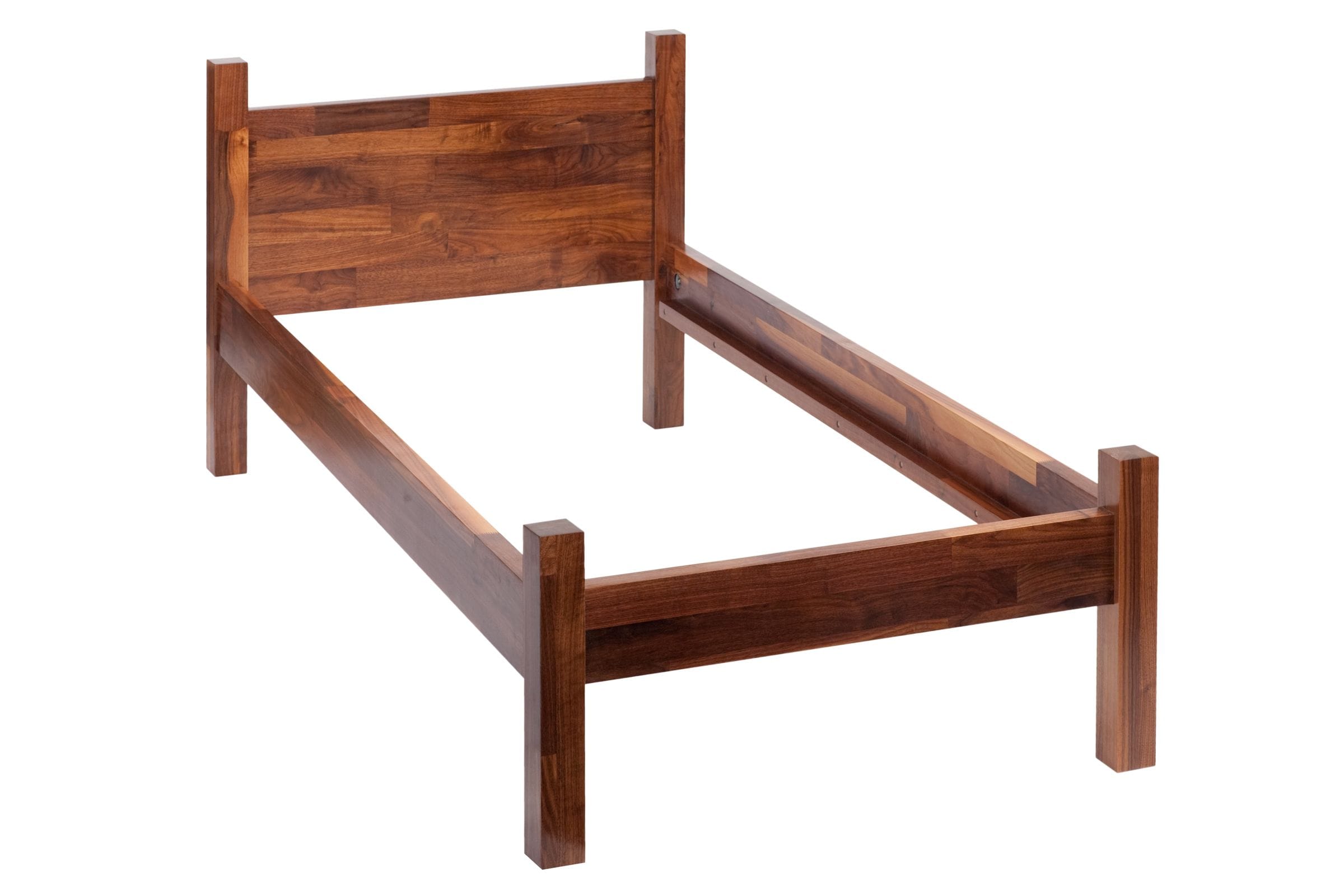 Solid walnut single bed frame with panelled headboard and square posts