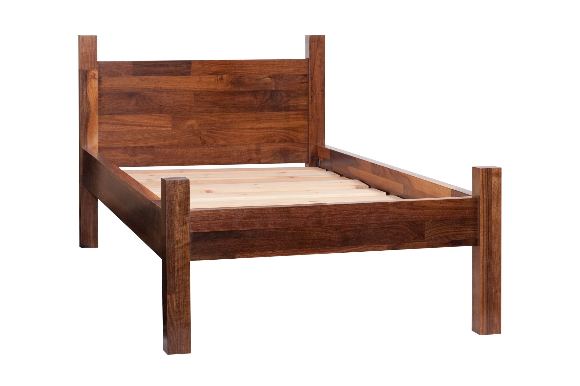Walnut single bed frame showing pine slats and panelled headboard