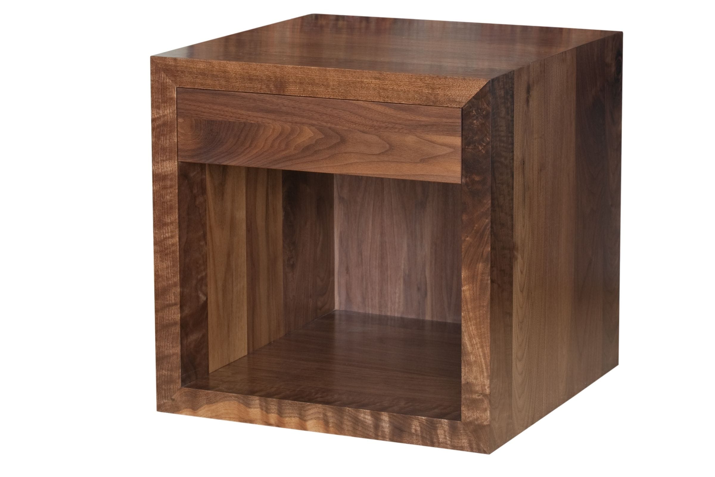 Cube walnut bedside table with drawer and open compartment showing figured grain