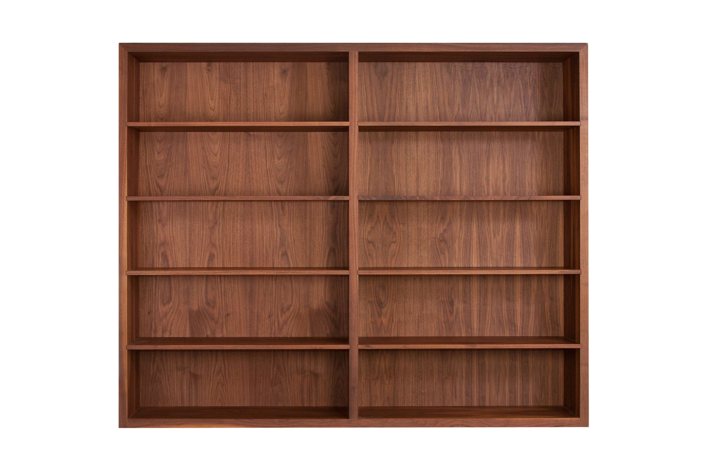 Large double-bay walnut bookcase with five shelves per side, front view