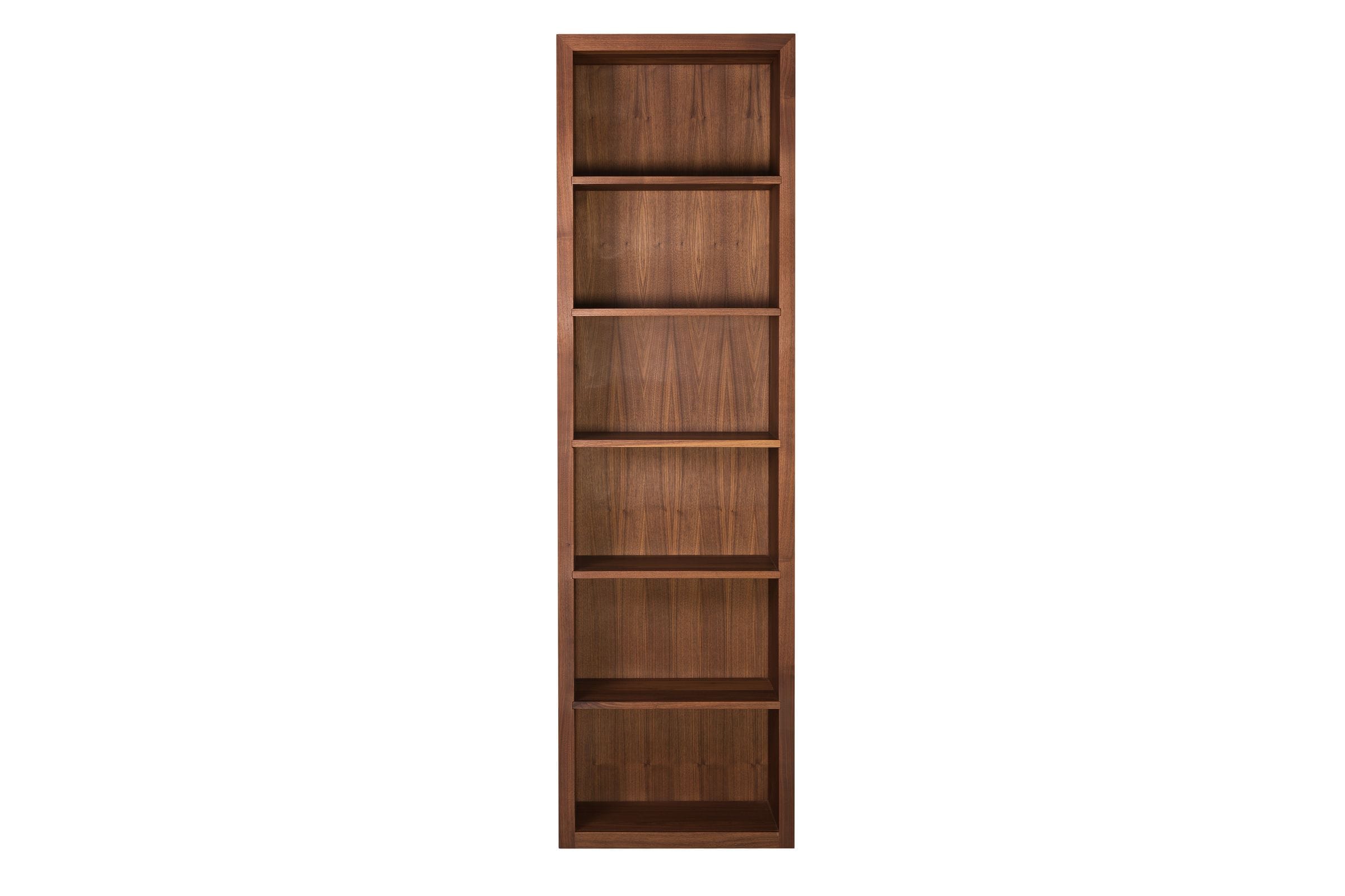 Tall slim walnut bookcase with six open shelves, front view