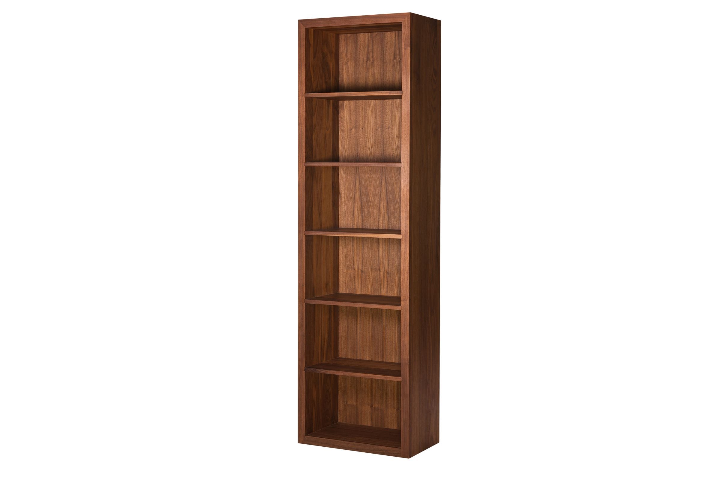 Tall narrow walnut bookcase with six shelves, angled view showing figured grain