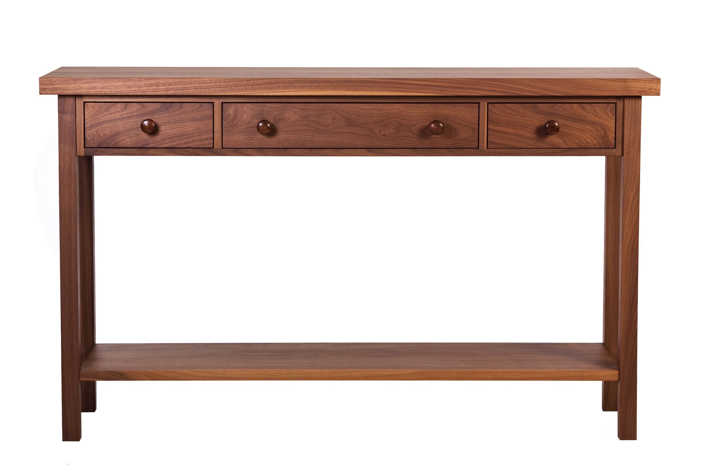 Walnut console table with three drawers, turned knobs and low shelf, front view