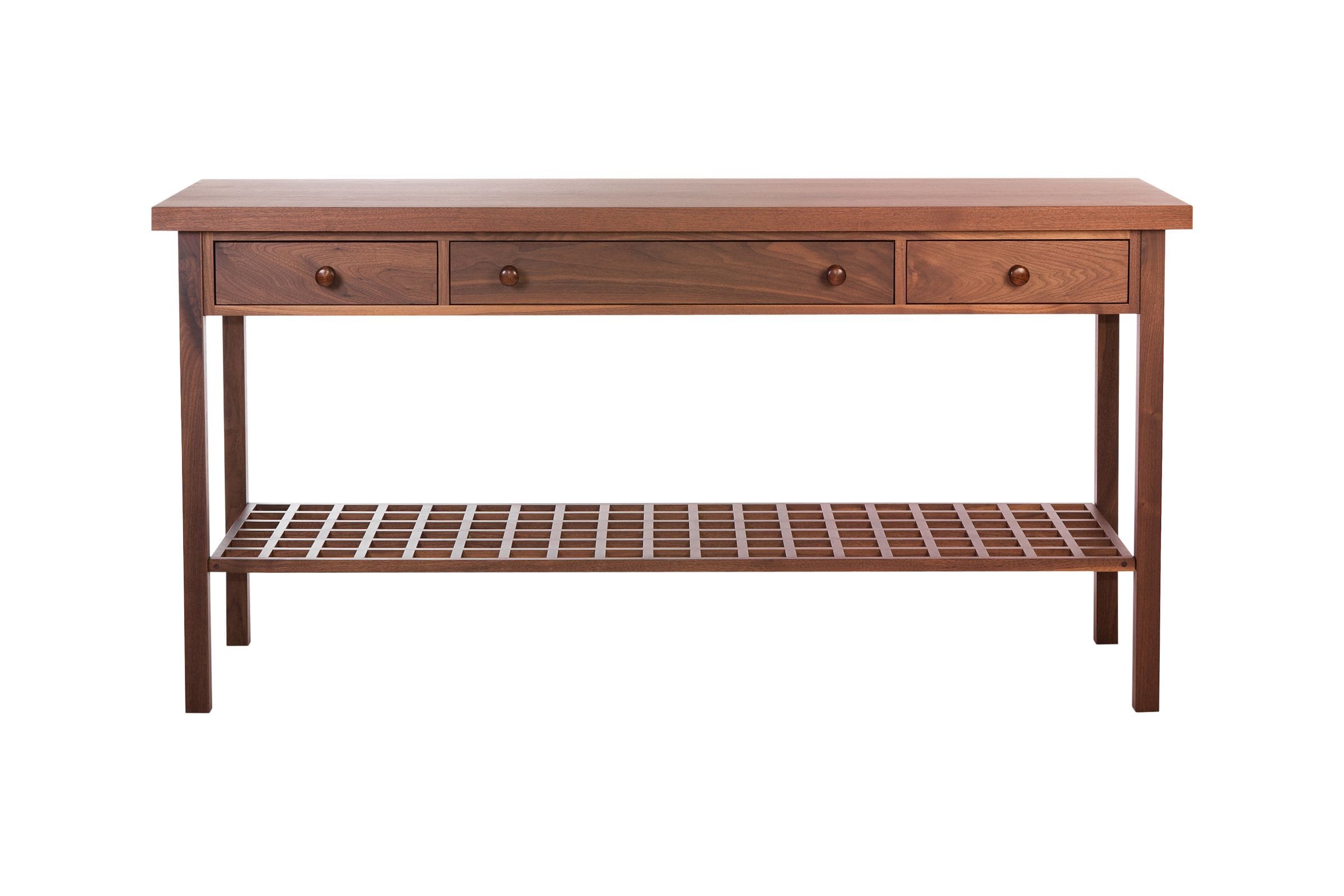 Walnut console table with three drawers and lattice lower shelf, front view