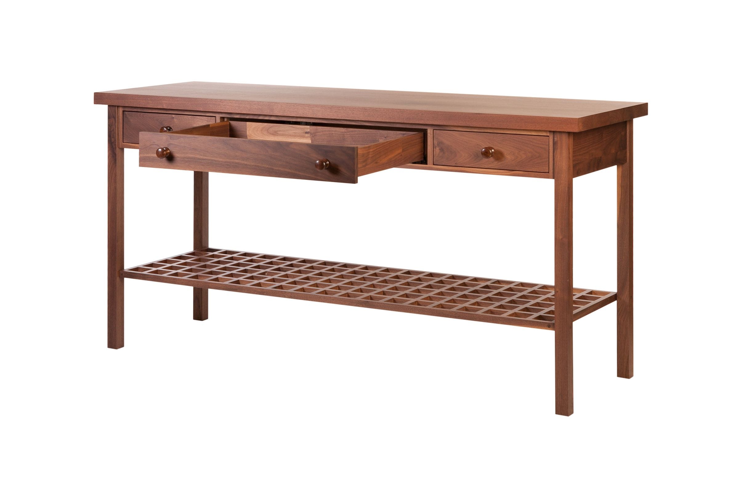 Walnut console table with open drawer and slatted lattice shelf below