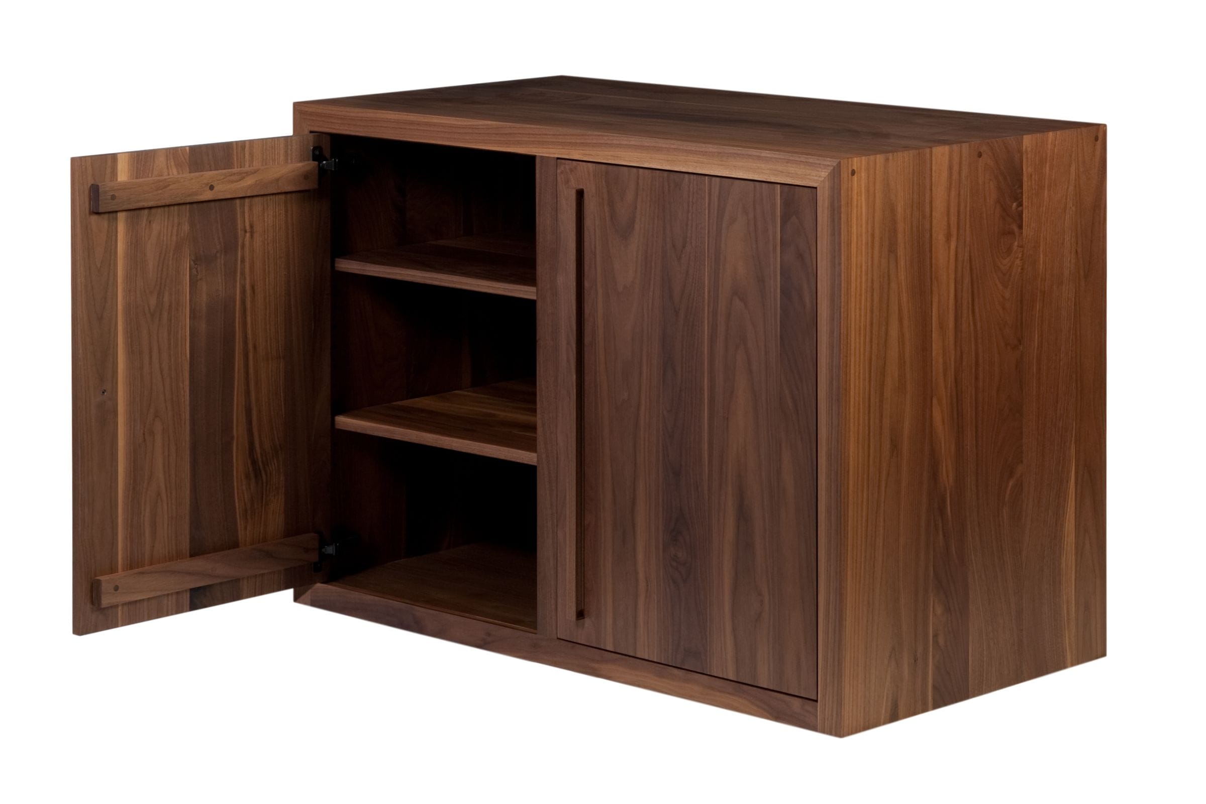 Walnut cabinet with one door open revealing adjustable interior shelves