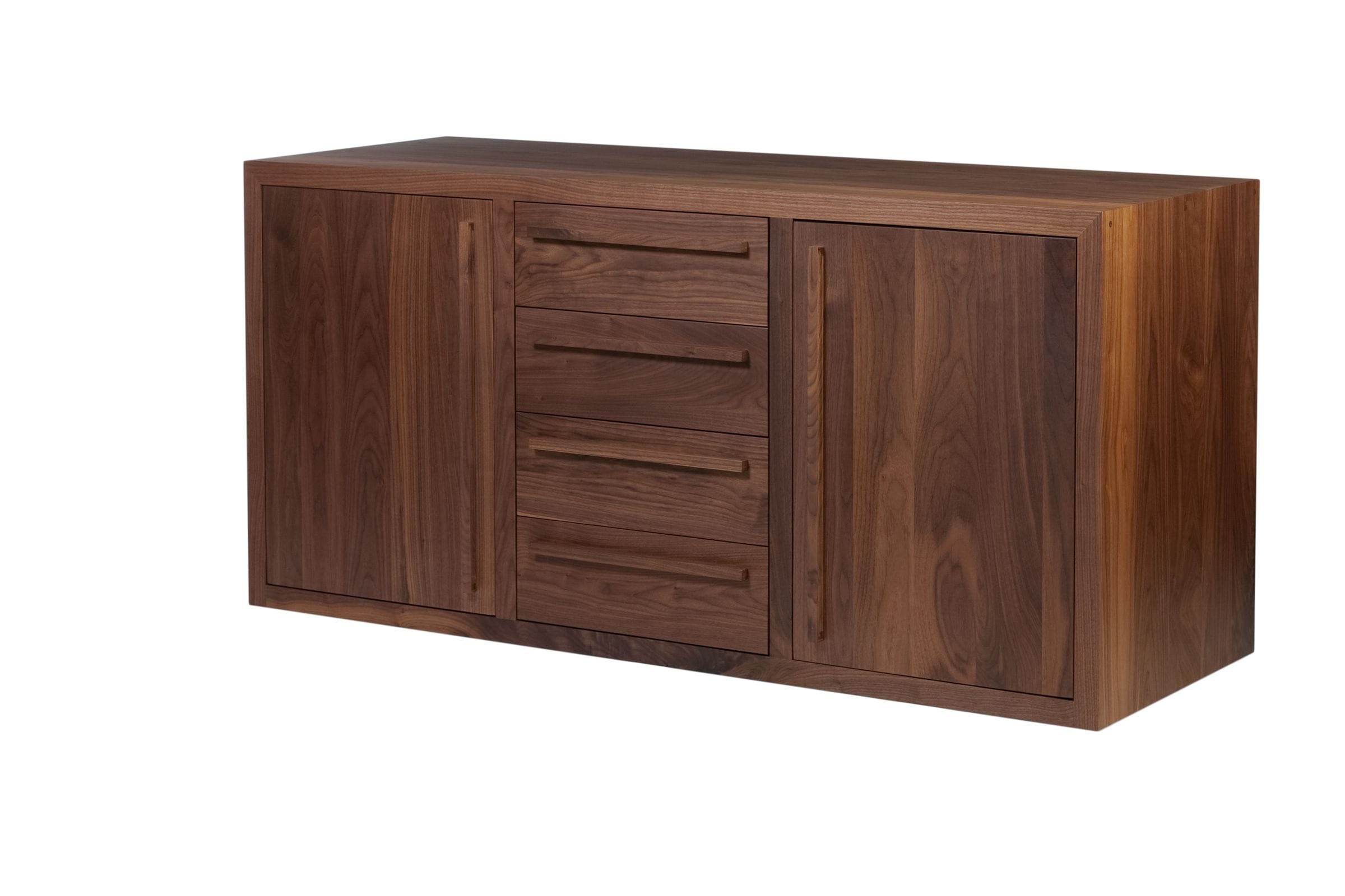 Walnut sideboard with four central drawers flanked by two panelled doors
