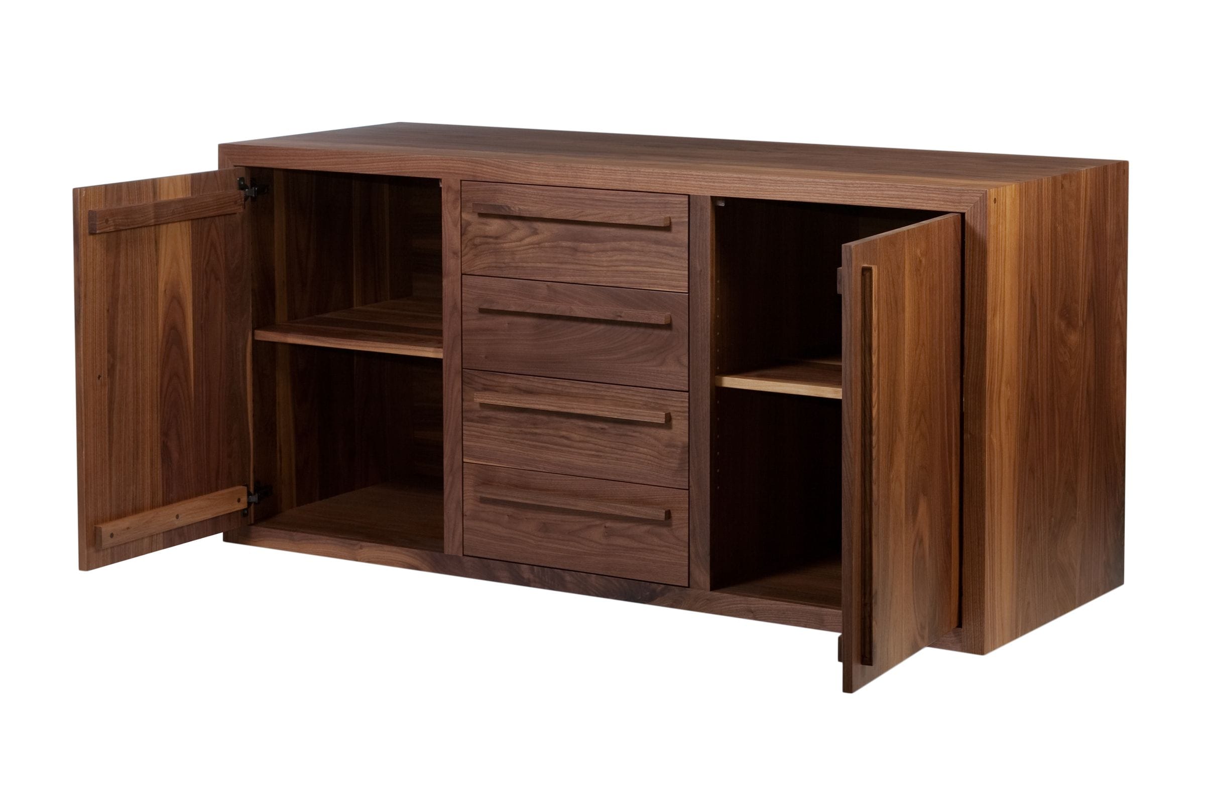 Walnut sideboard with both doors open showing shelves and four central drawers
