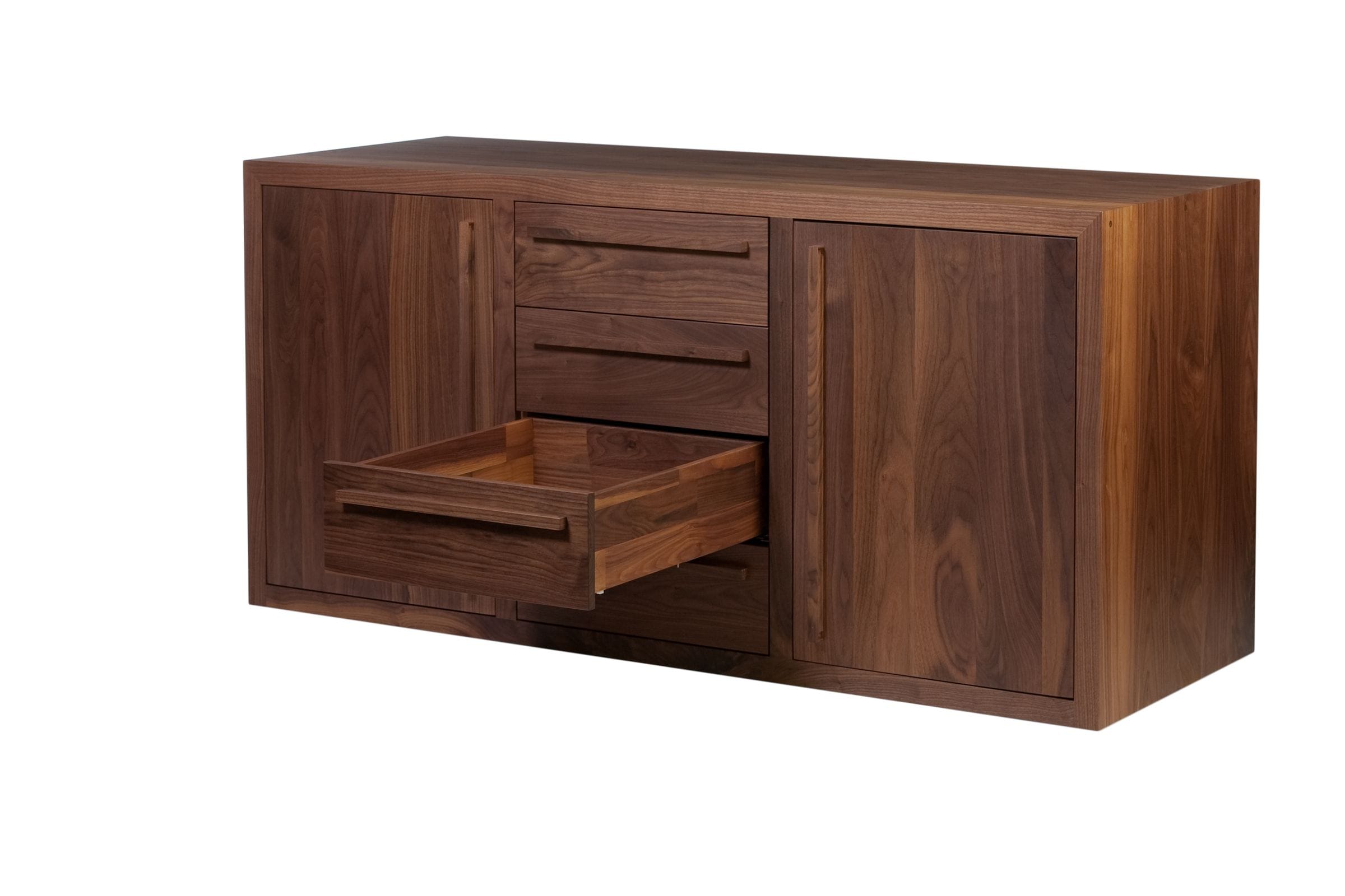 Walnut sideboard with a central dovetailed drawer pulled open