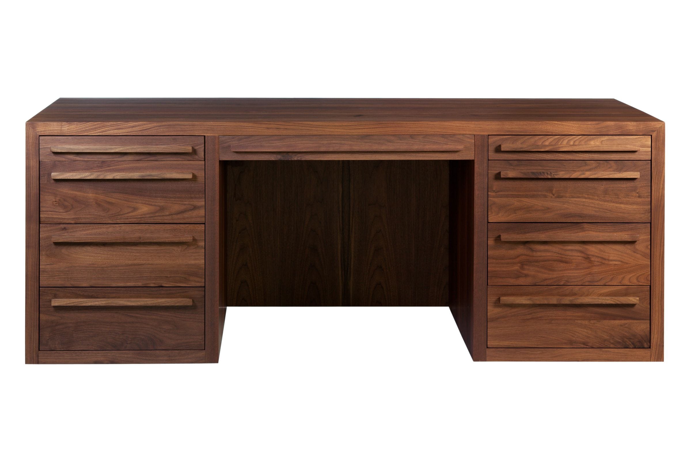 Solid walnut pedestal desk with twin banks of drawers, front view