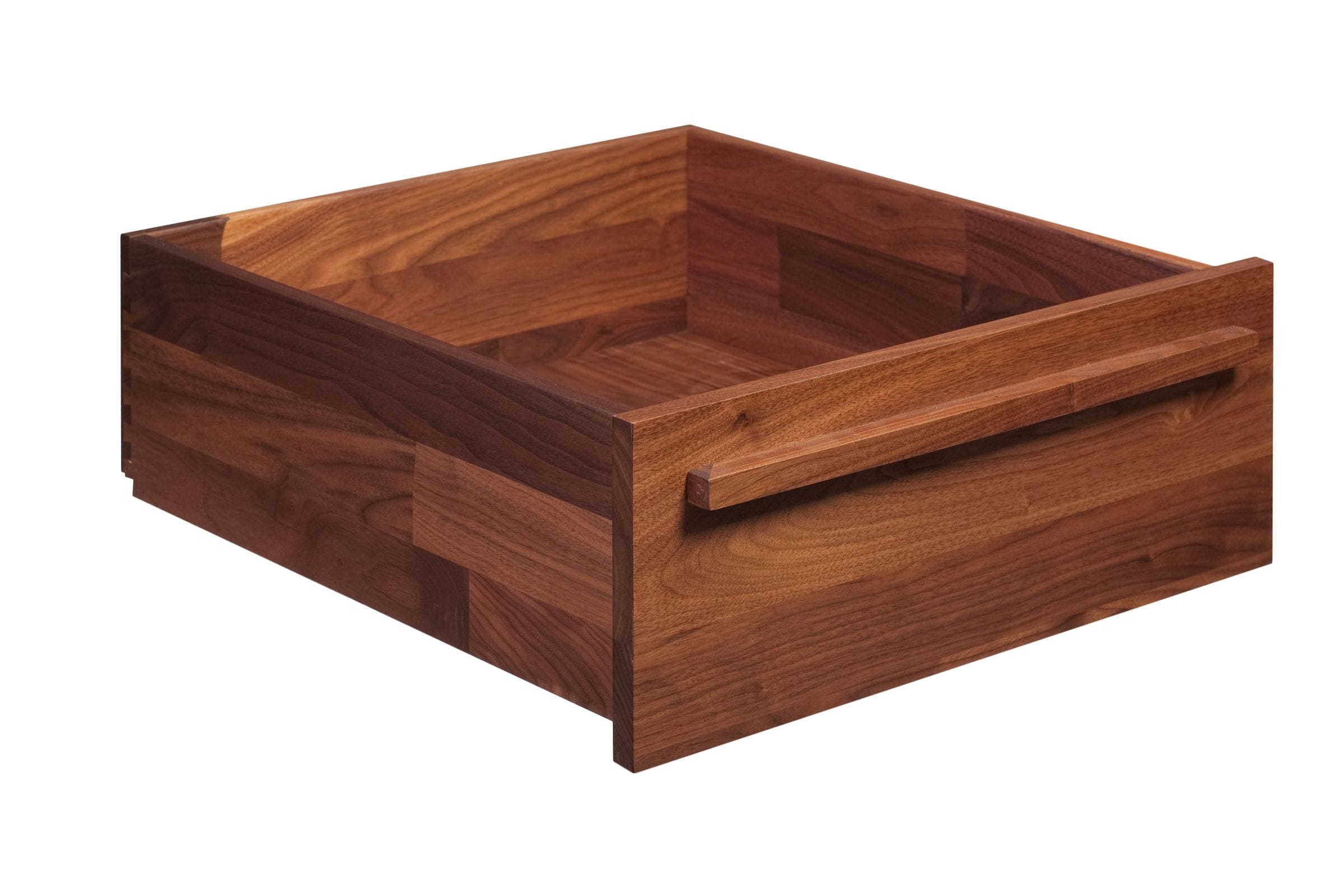 Solid walnut dovetailed drawer box with slim wooden handle