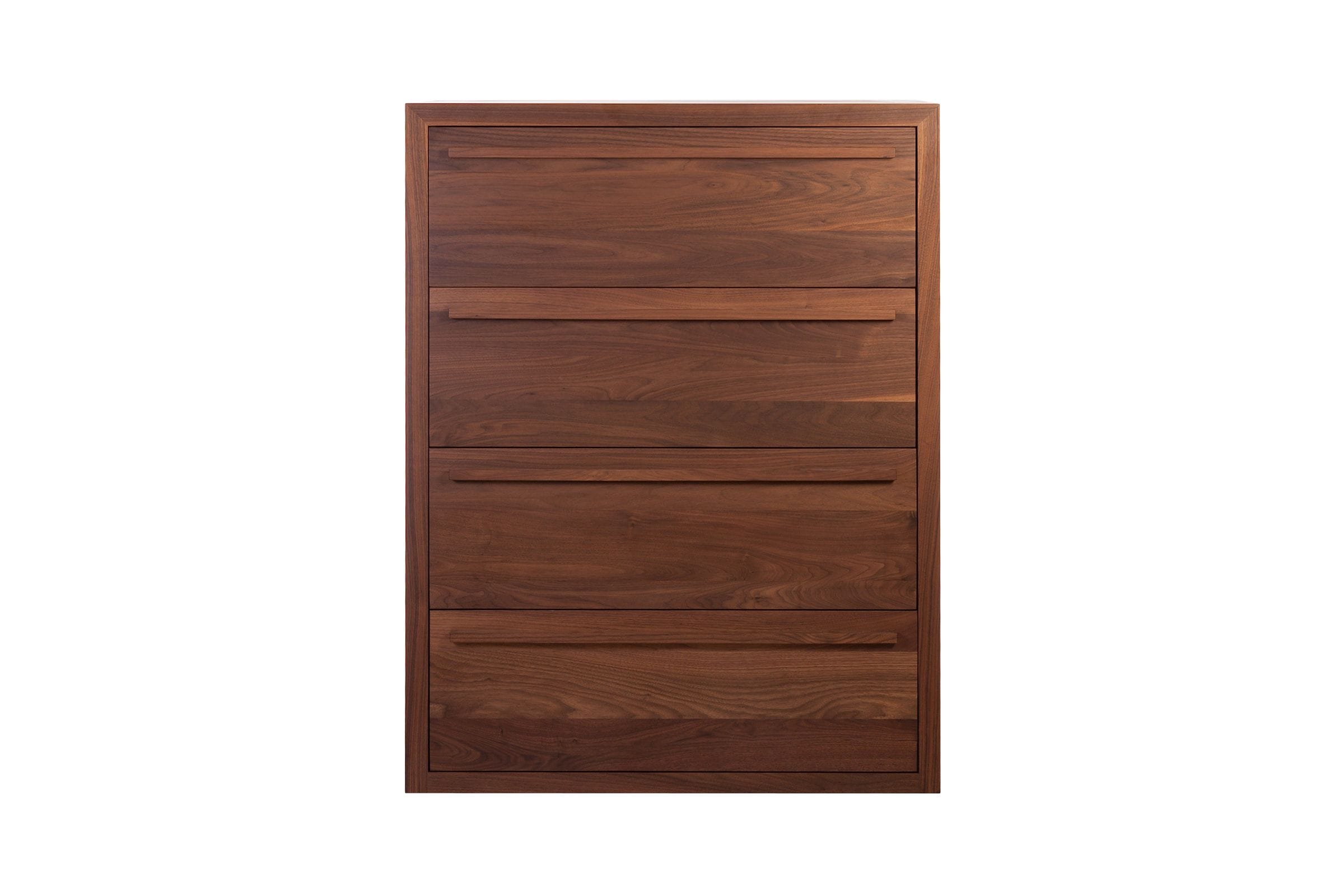 Walnut chest of four drawers with recessed wooden handles, front view