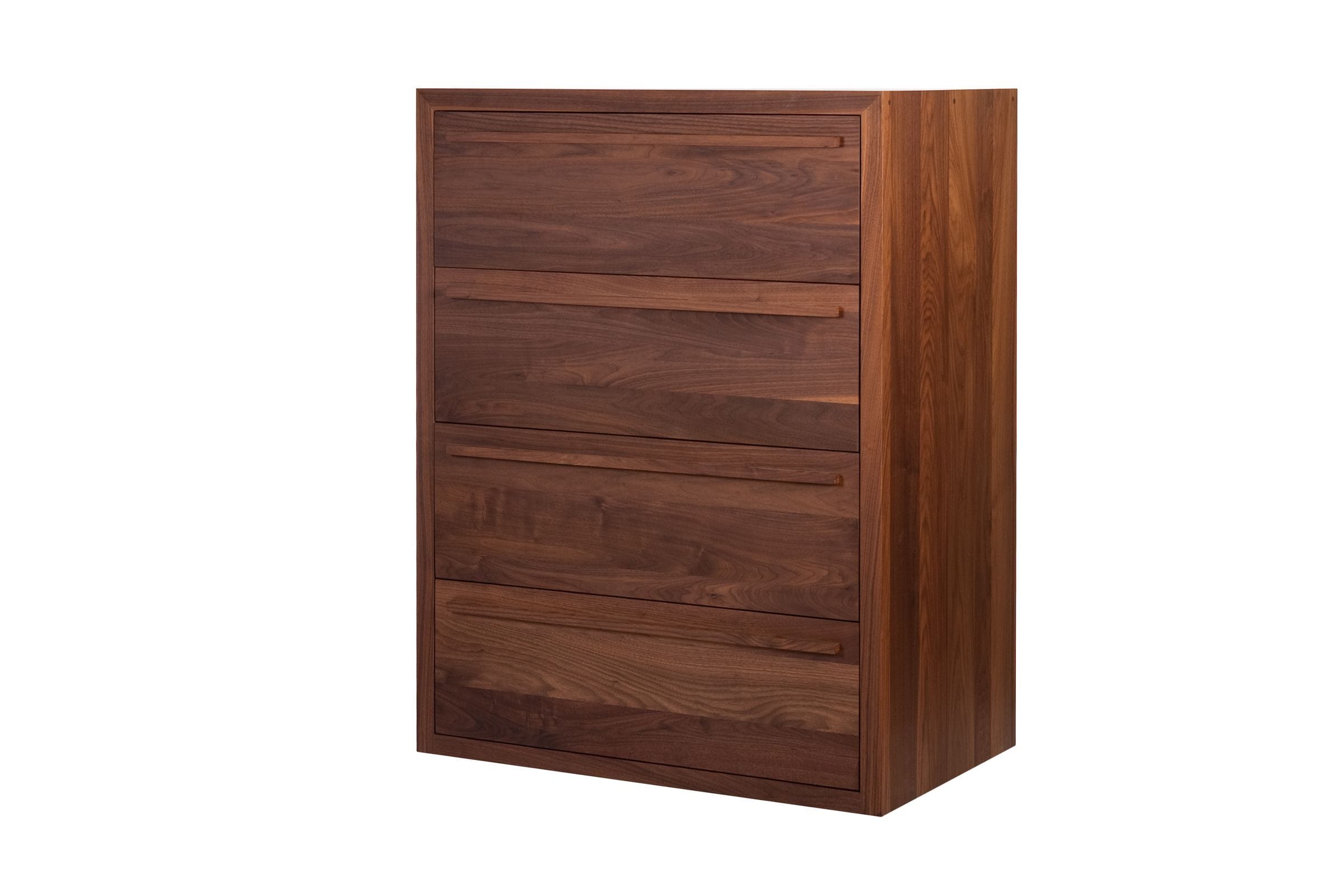 Walnut four-drawer chest showing figured grain, angled view