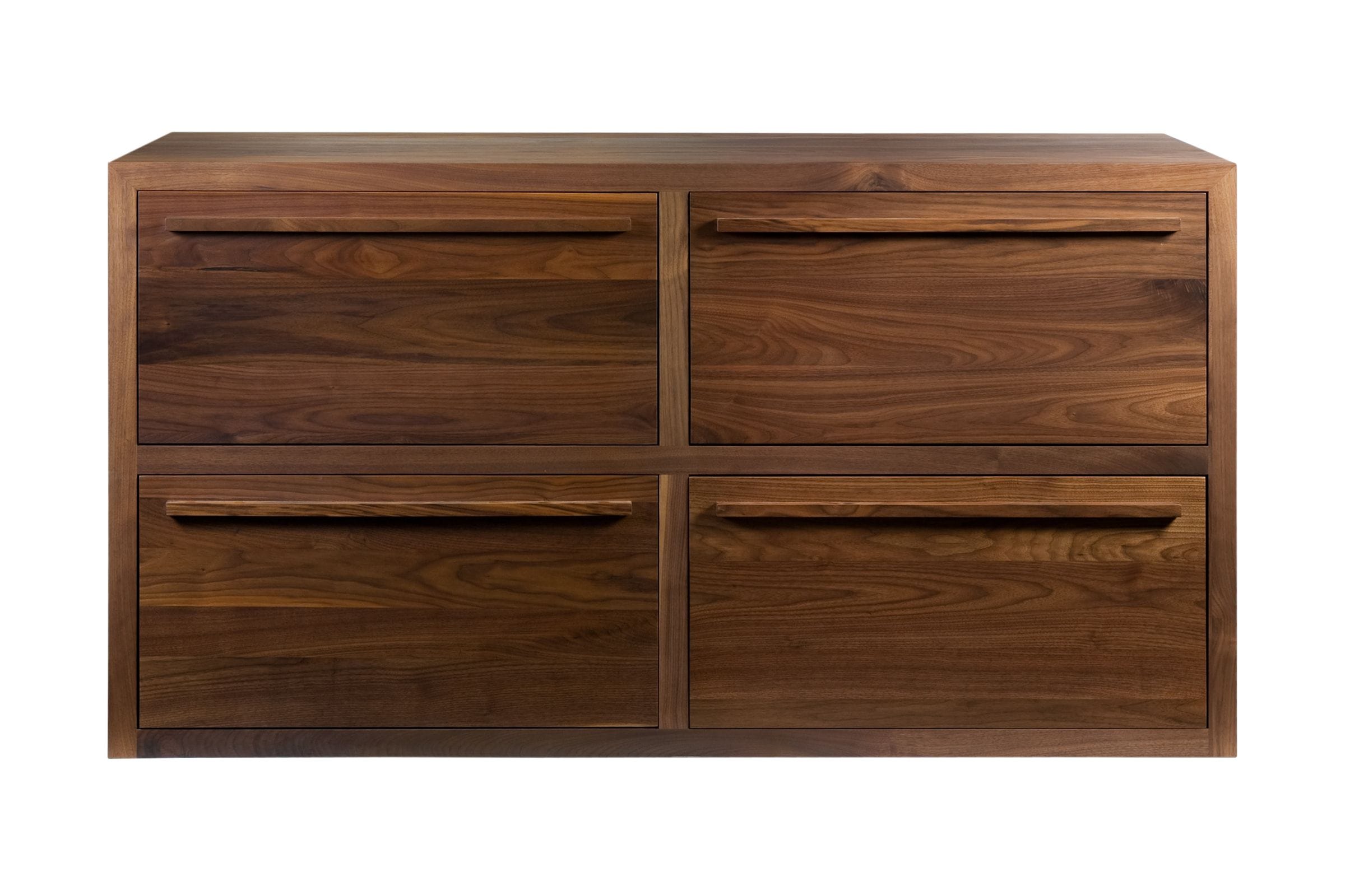 Low walnut chest with four wide drawers and slim wooden handles