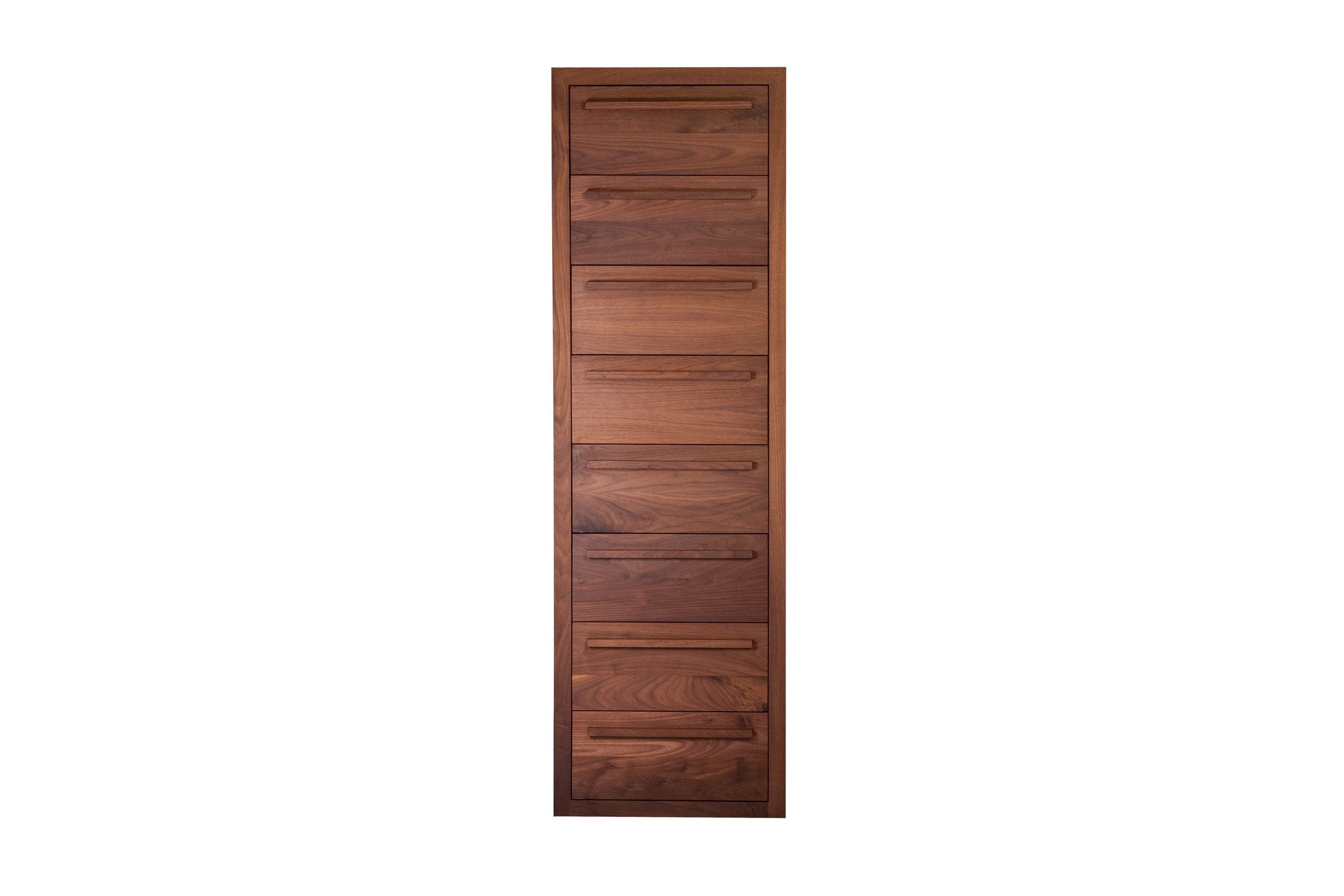 Tall slim walnut tallboy with eight drawers, front view