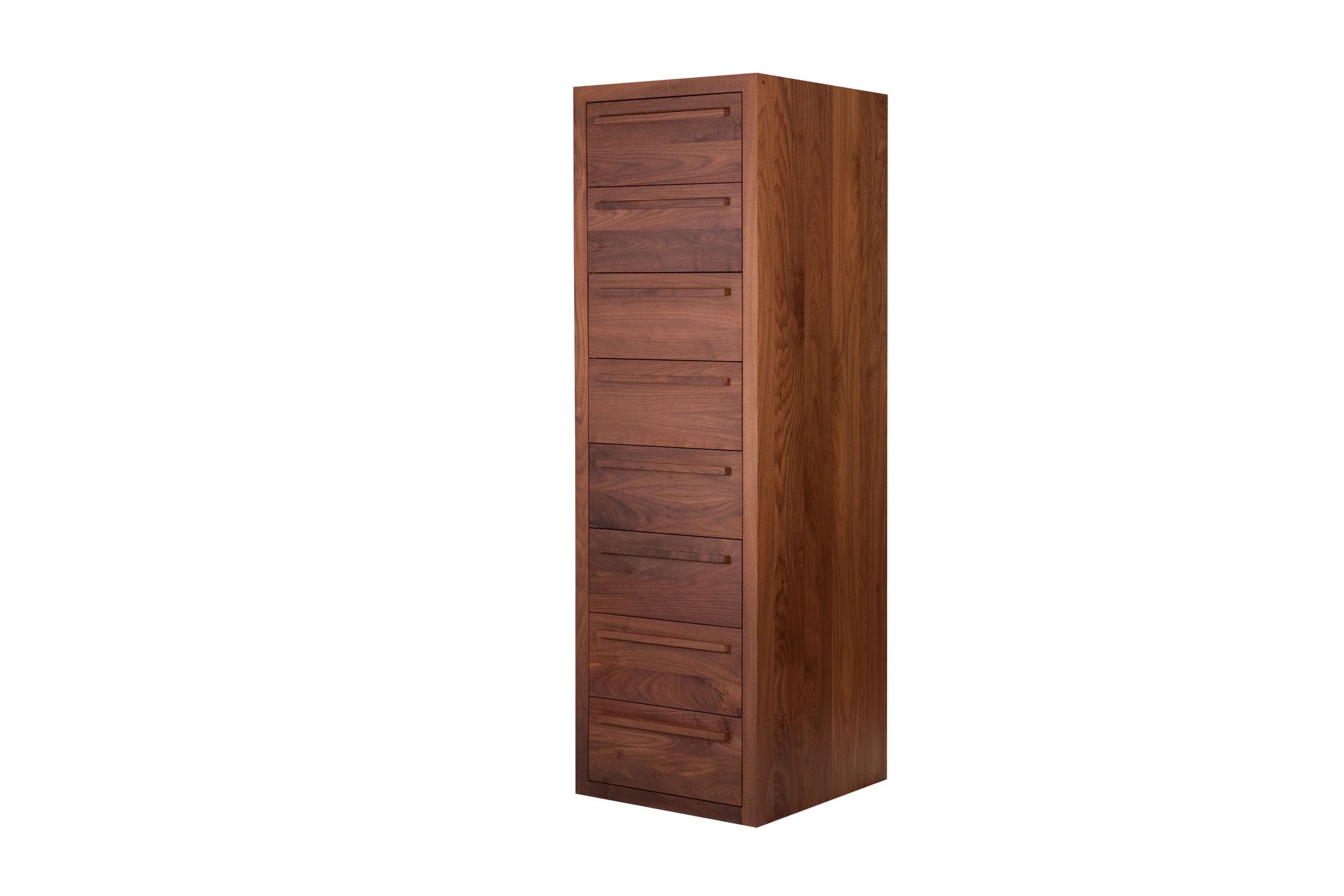 Tall narrow walnut tallboy chest of eight drawers, angled view