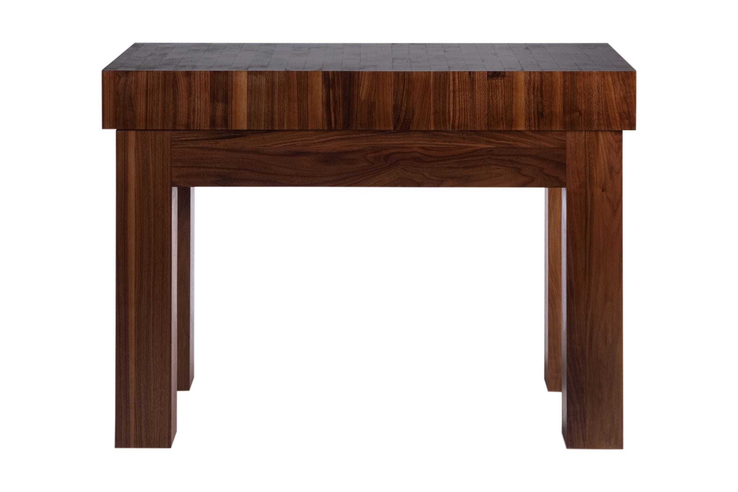 End-grain walnut butcher's block on sturdy square legs, front view