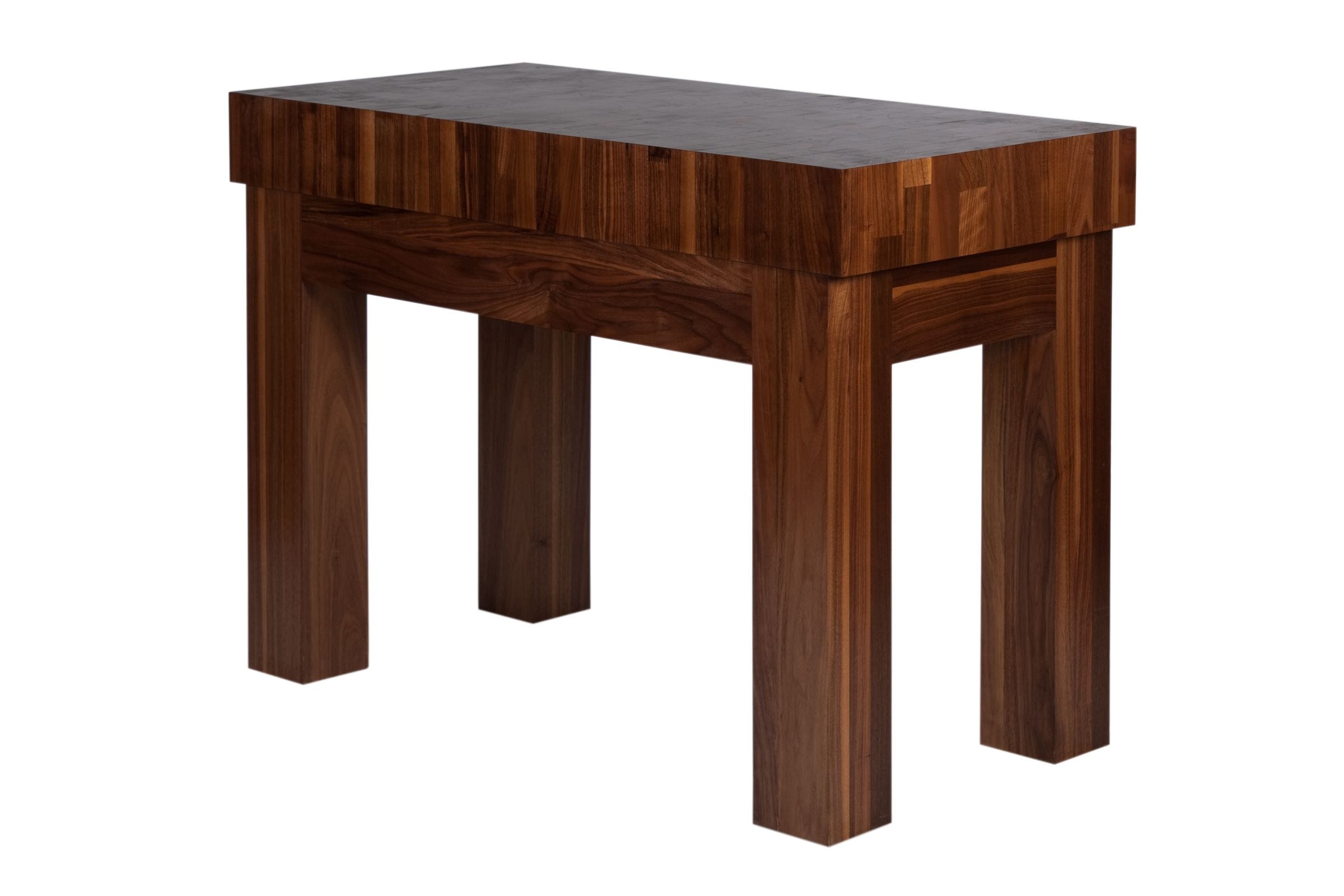 Freestanding end-grain walnut butcher's block table, angled view