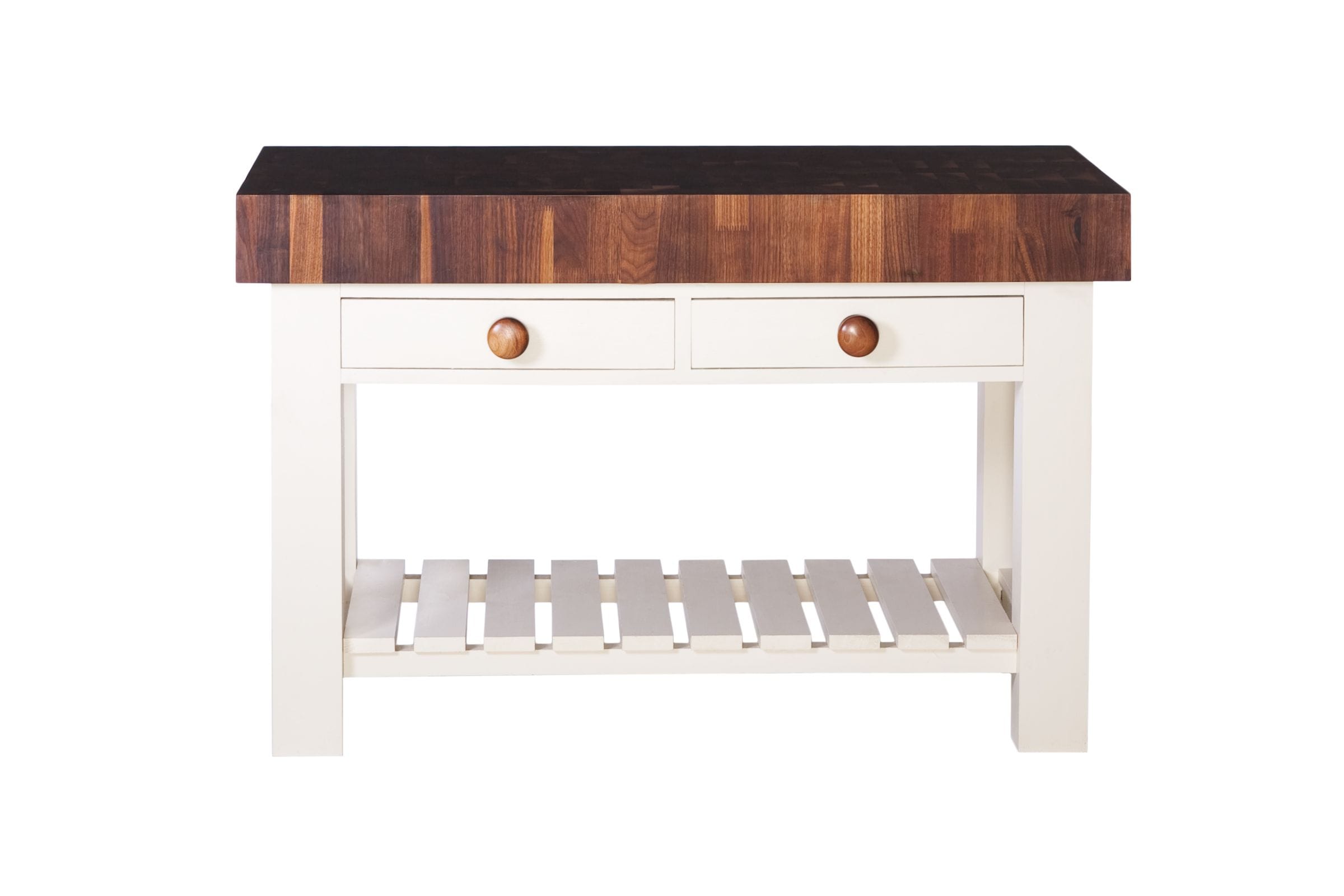 End-grain walnut butcher's block on a cream painted base with drawers and slatted shelf