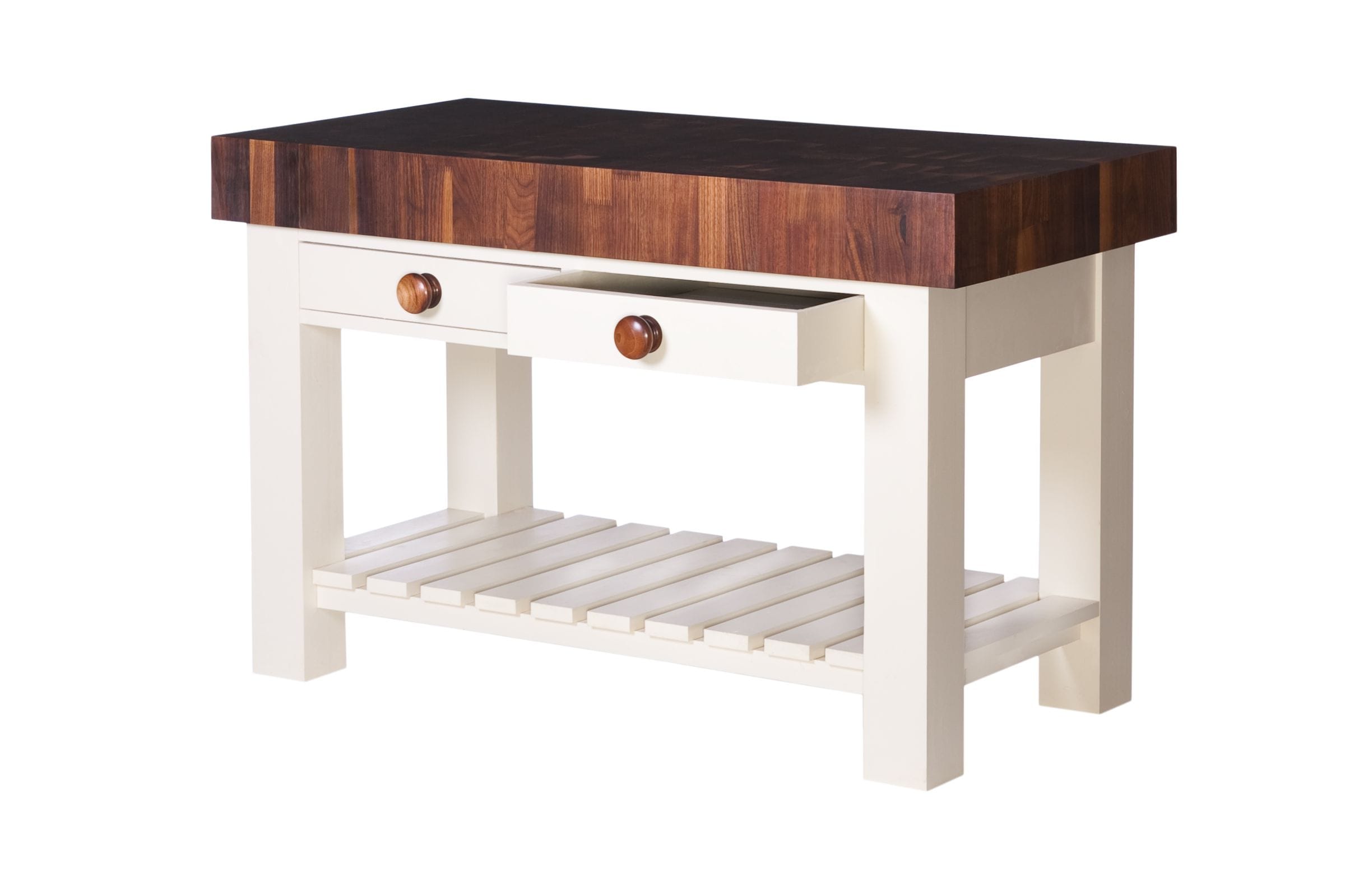 Cream butcher's block trolley with walnut end-grain top and drawer open