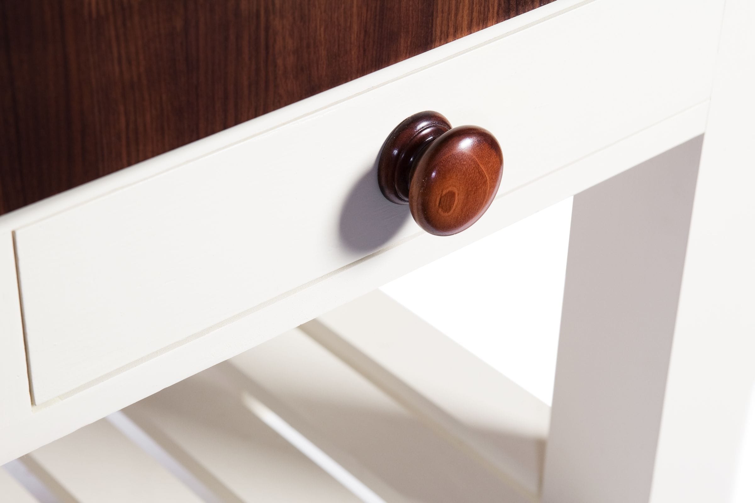 Turned walnut knob on a cream painted drawer beneath a walnut butcher's block top