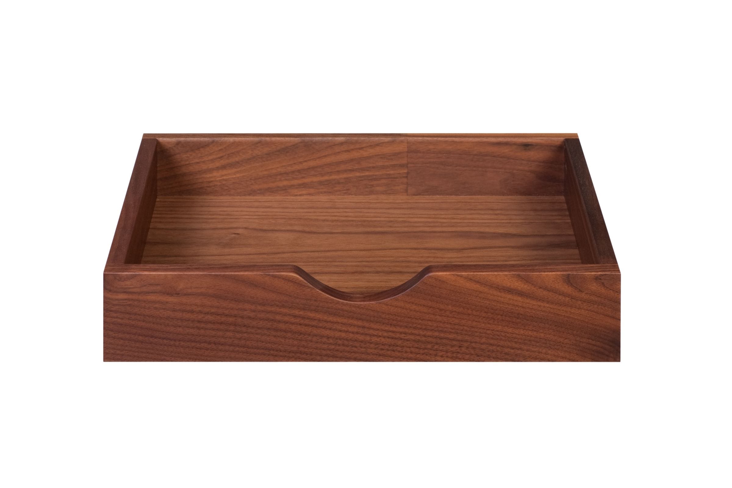 Empty walnut desk tray with curved front cut-out showing rich grain