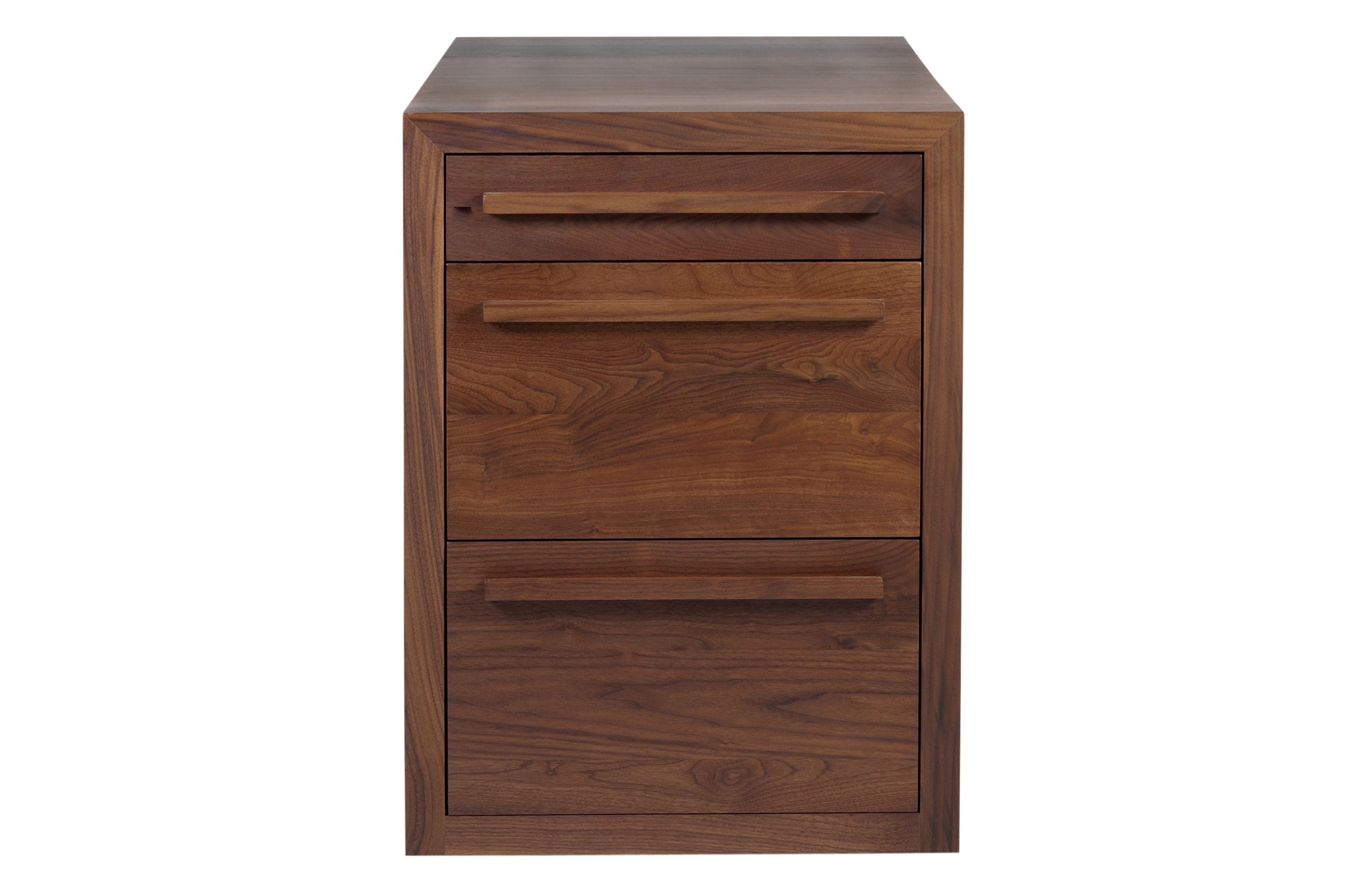 Front view of a walnut three-drawer pedestal cabinet with long bar handles