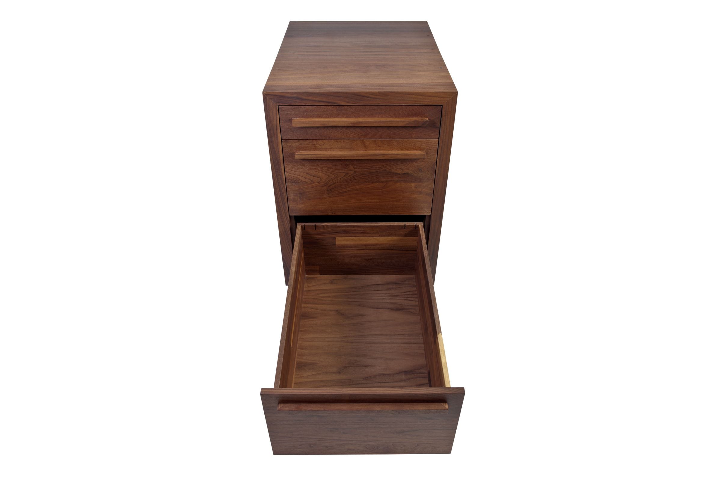 Walnut pedestal cabinet with its deep bottom filing drawer pulled open