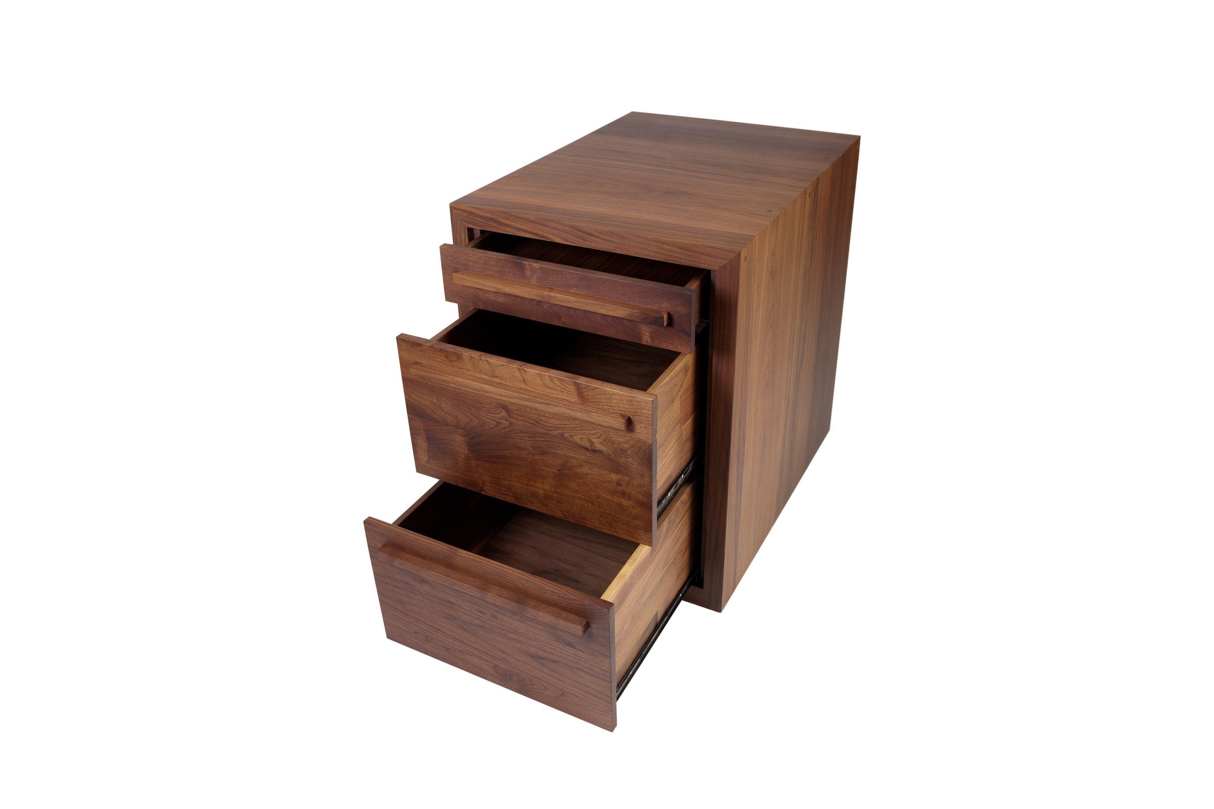 Walnut pedestal cabinet with all three drawers extended on runners
