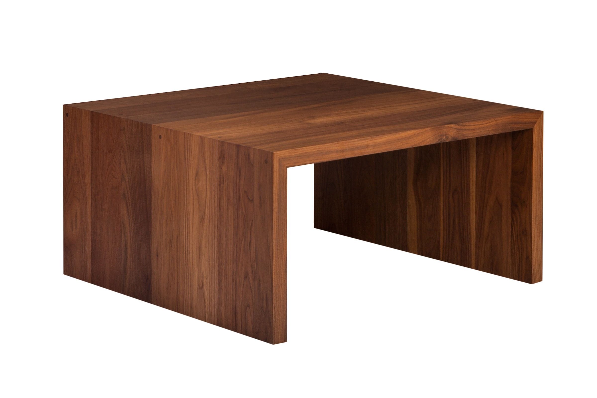 Square solid walnut waterfall coffee table showing flowing grain across top and sides