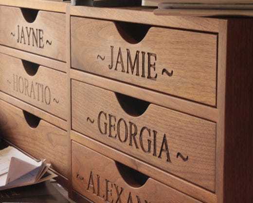 Walnut desk drawer sets engraved with individual names