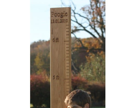 Engraved oak height chart marked in feet standing outdoors