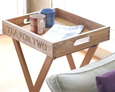 Oak butler's tray engraved Tea for Two on a folding stand with two mugs