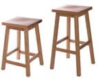 Two handmade wooden stools, one kitchen height and one bar height