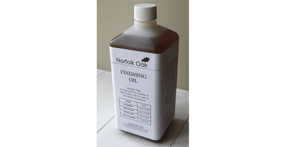 One litre bottle of Norfolk Oak finishing oil for interior woodwork