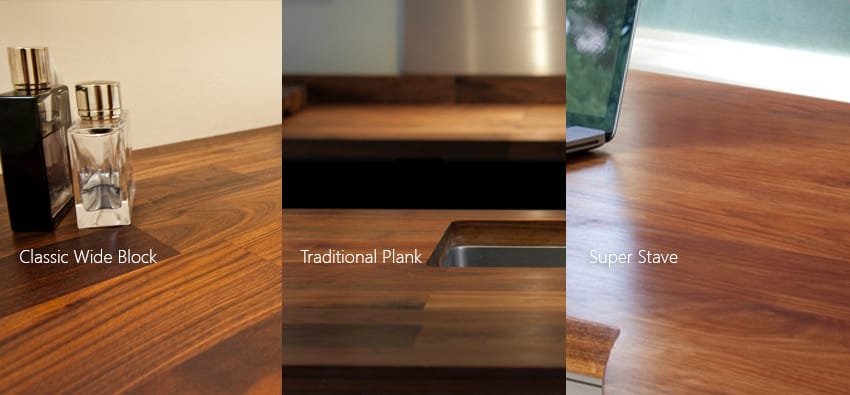 Walnut worktop styles compared: classic wide block, traditional plank and super stave