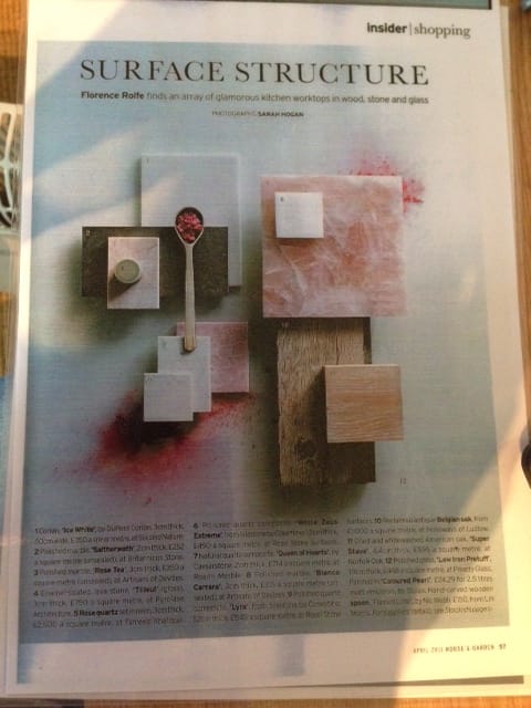 House & Garden magazine page showing wood, stone and glass worktop samples