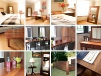Grid of gallery photos showing bespoke wooden furniture, worktops, tables and mirrors