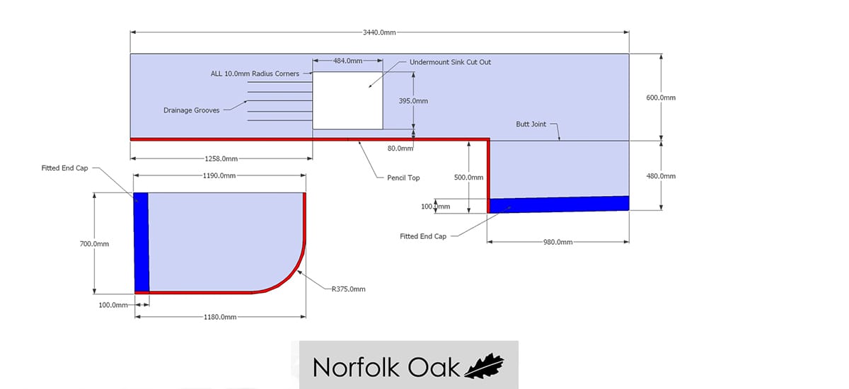 Norfolk Oak CAD drawing of a worktop with dimensions, sink cut-out and drainage grooves