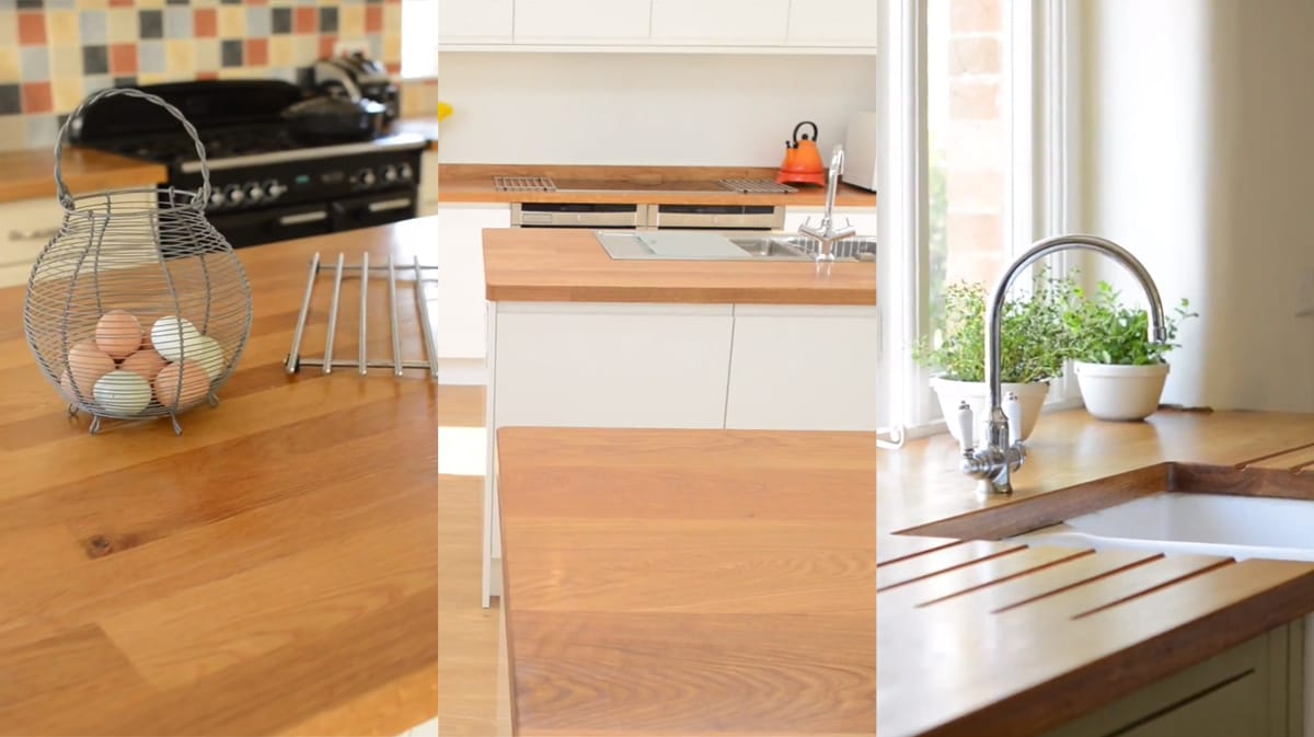Three kitchens fitted with solid oak worktops around a range, hob and sink
