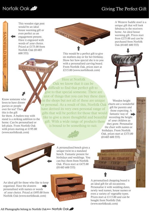 Personalised gift range page showing engraved boards, benches, trays and height charts